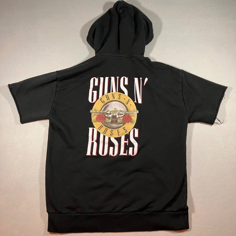 Guns N Roses Mens Short Sleeve Graphic Hoodie Black Distressed Band Logo L